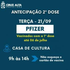 Na terça-feira tem vacinação da segunda dose contra a covid-19 em Cruz Alta