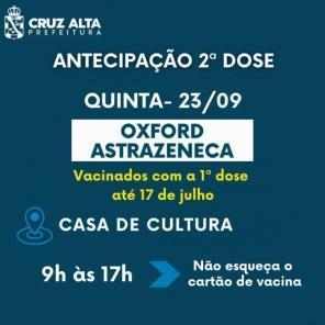 Na terça-feira tem vacinação da segunda dose contra a covid-19 em Cruz Alta