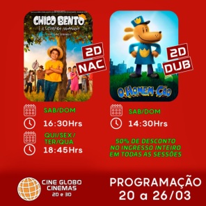 DOMINGO: Confira a programação de filmes  no Cine Globo de Cruz Alta