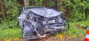 Carro sai da pista e bate em árvore após aquaplanagem na BR-158 em Cruz Alta