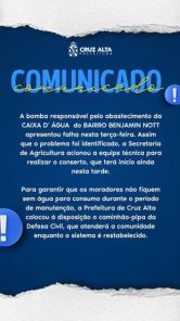 Falha em bomba interrompe abastecimento em Benjamin Nott