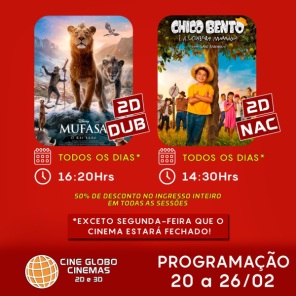 DOMINGO: Confira a programação de filmes  no Cine Globo de Cruz Alta