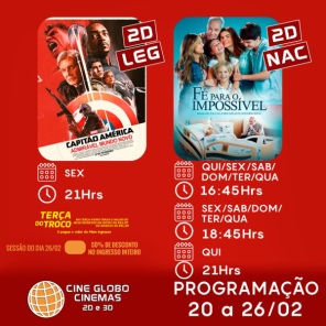 DOMINGO: Confira a programação de filmes  no Cine Globo de Cruz Alta