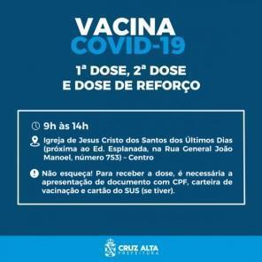 Vacinação contra a Covid-19 continua nesta terça em Cruz Alta