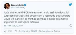 Governador Eduardo Leite testa positivo para Covid-19 