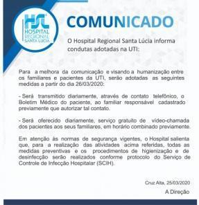 Confira a nota divulgada pelo HSL na manhã de hoje (25) 