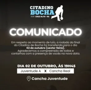Final do Citadino de Bocha 2026 é adiada devido a momento de luto em Cruz Alta