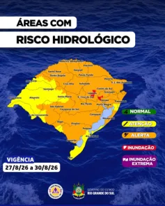 Defesa Civil alerta para temporais e risco de inundação no RS