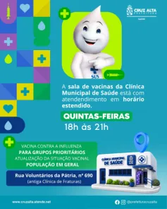 HOJE> Clínica Municipal amplia horário da sala de vacinas em Cruz Alta