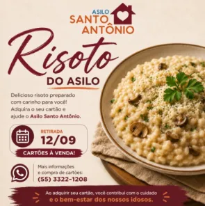 Asilo Santo Antônio promove venda de risoto beneficente para apoiar idosos 