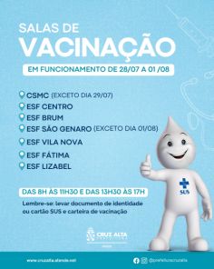 Cruz Alta divulga cronograma de funcionamento das salas de vacina nas ESFs