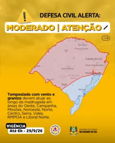Defesa Civil alerta para tempestades com vento e granizo no RS