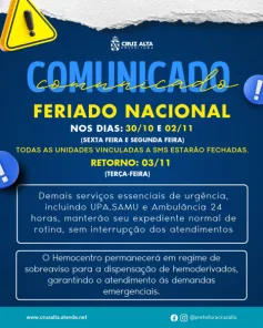 ESFs de Cruz Alta fecham hoje dia 30 de outubro até o dia 2 de novembro