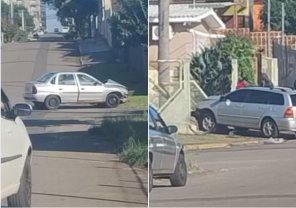 Dois carros colidem e um acerta muro de casa em Cruz Alta