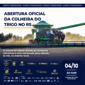 Abertura oficial da colheita do trigo no RS é transferida para sábado