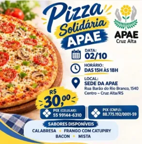 APAE de Cruz Alta promove Pizza Solidária nesta sexta-feira dia 02